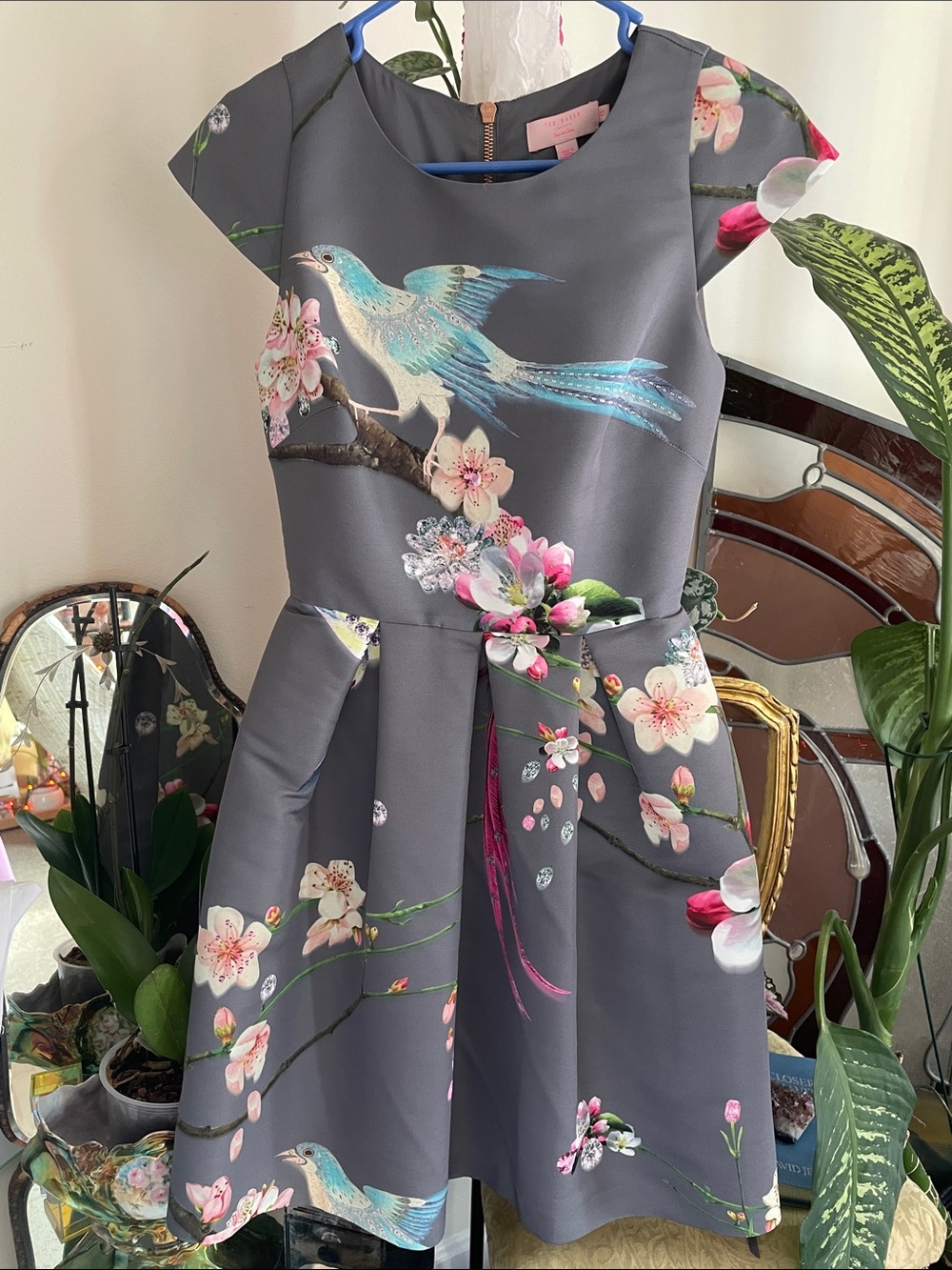 Ted Baker London Gray Floral & Blue Bird Fit-and-Flare Mini Dress